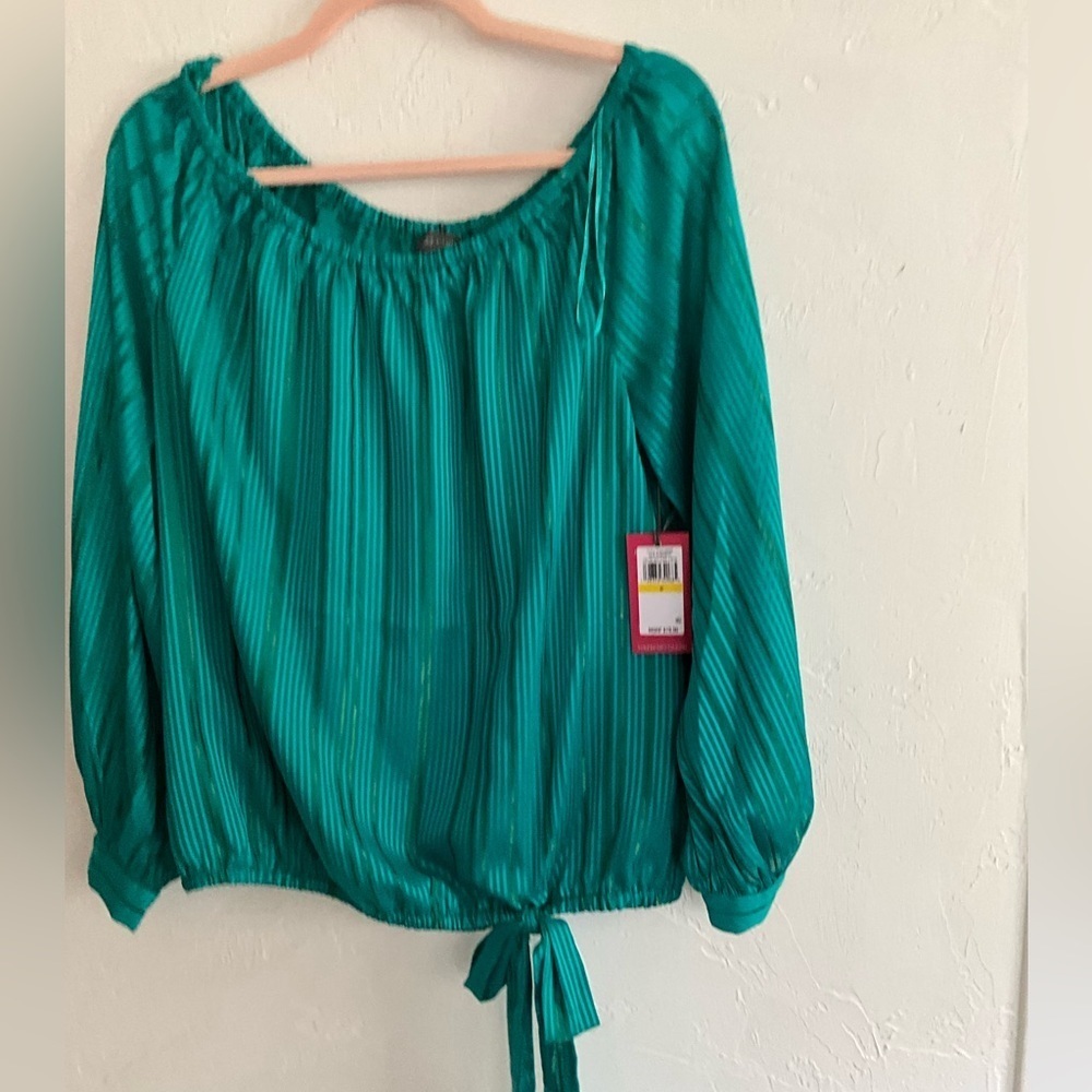 Vince Camuto Green Metallic Stripe Off Shoulder Blouse Medium